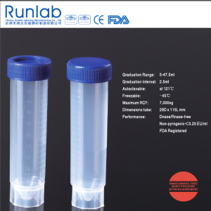 FDA and Ce Approved 50ml Free-Standing Centrifuge Tube with Molded Graduation in Peel Bag Pack